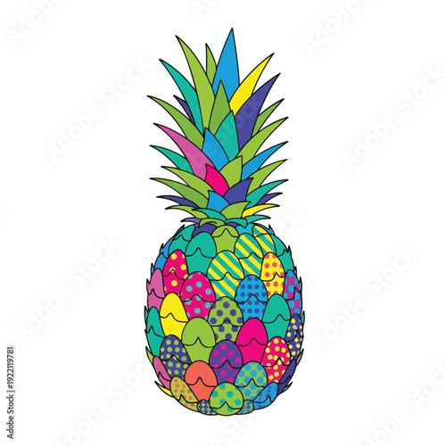 Colorful pineapple illustration with patterned, egg-shaped sections