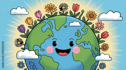 Cheerful cartoon earth with flowers and clouds symbolizing happiness and environmental care on a sunny day