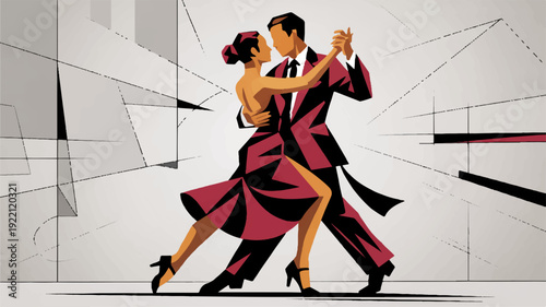 A couple dancing tango in abstract artistic style with red and black dress and suit on gray background with geometric shapes