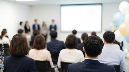 Wallpaper Mural An attentive audience watches a presentation on a blank screen in a conference room, with festive balloons adding a celebratory touch to the event. Torontodigital.ca