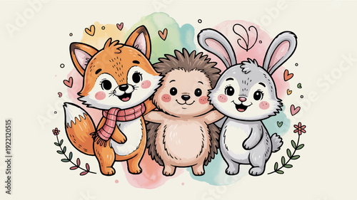 Friendly forest animals hug each other in a colorful heartwarming illustration with a fox hedgehog and rabbit