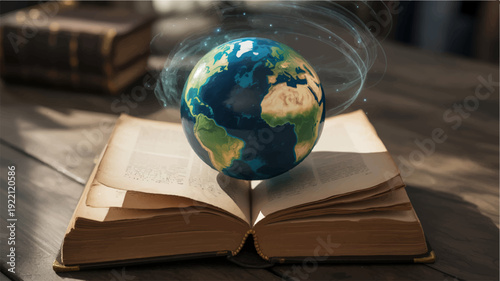A surreal digital illustration of a glowing earth balanced on an open vintage book with mystical smoke rising set on a rustic wooden table with a stack of old books