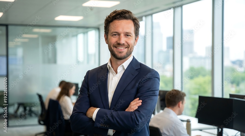 Fototapeta premium A handsome, confident businessman stands smiling with his arms crossed in a bright, modern corporate office environment during the workday.