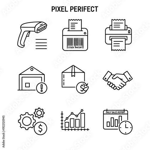 Efficient Logistics: A collection of simple, stylized icons representing various aspects of the shipping and tracking process. Featuring a barcode scanner, receipt printer, and more.