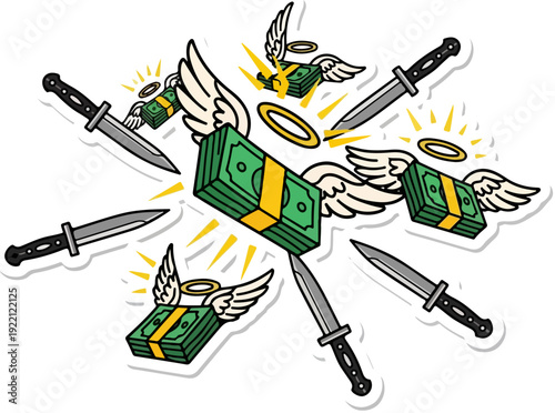 Money with wings and halos surrounded by flying daggers sticker illustration