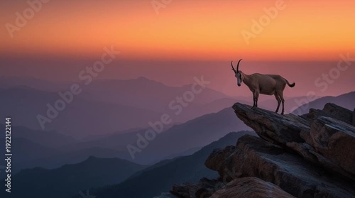 Lonely mountain goat standing on rocky peak at sunset with layered mountains in the background.