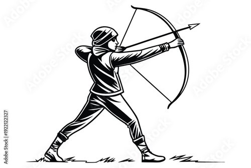 Black and white of an archer in medieval attire a bow archery bow and arrow medieval clothing hooded cloak
