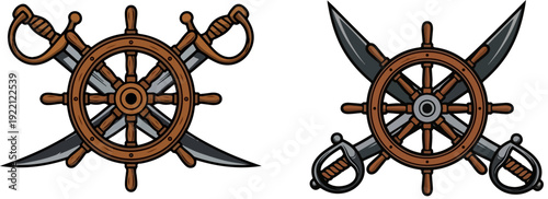 Pirate ship wheel and crossed swords vector emblem set. Includes two variations of brown wooden ship wheels with silver cutlasses and sabers. Created in cartoon style with a brown and silver