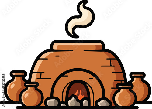 Clay pottery kiln with smoke and terracotta pots vector illustration