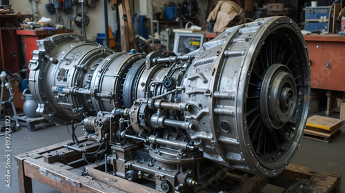 automatic transmission in disassembled form auto parts in the workshop gear, clutch