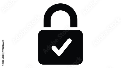 A black and white image of a padlock with a checkmark isolated on white background, Vector