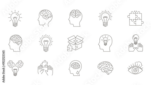 Collection of line art icons depicting light bulbs brains gears cubes and abstract concepts for creative ideas.