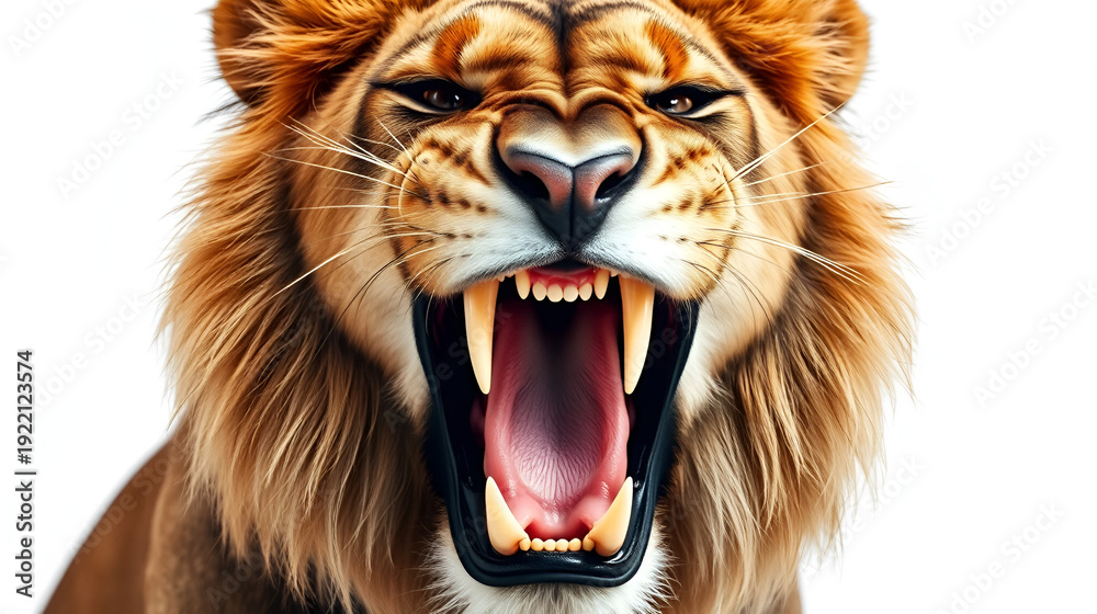 Obraz premium Fierce male lion roaring intensely with sharp teeth displayed on white backdrop