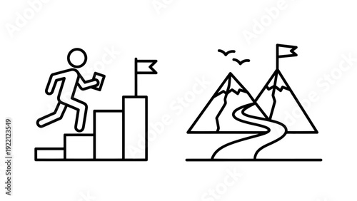 Illustration of a climber ascending steps with a flag and a winding path through mountains and landscape.