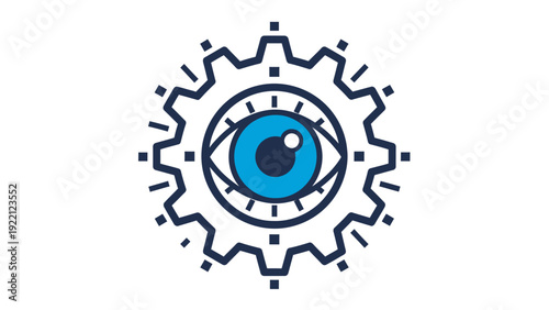 Blue eye inside a mechanical gear emblem, a futuristic technology oriented logo design.