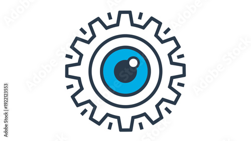 Graphic gear with an eye emblem: a modern, circular design combining technology, vision and precision.