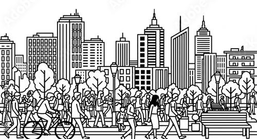 Diverse group of people enjoying a sunny day in a vibrant city park with skyscrapers in the background.