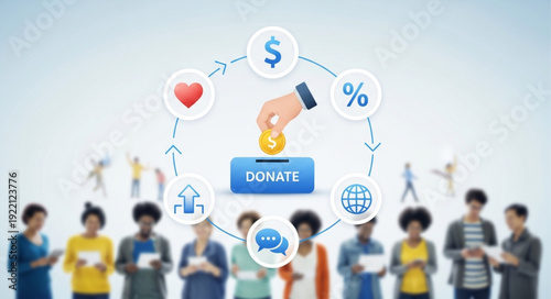 Diverse group of people contributing to a charitable cause with donation icons.