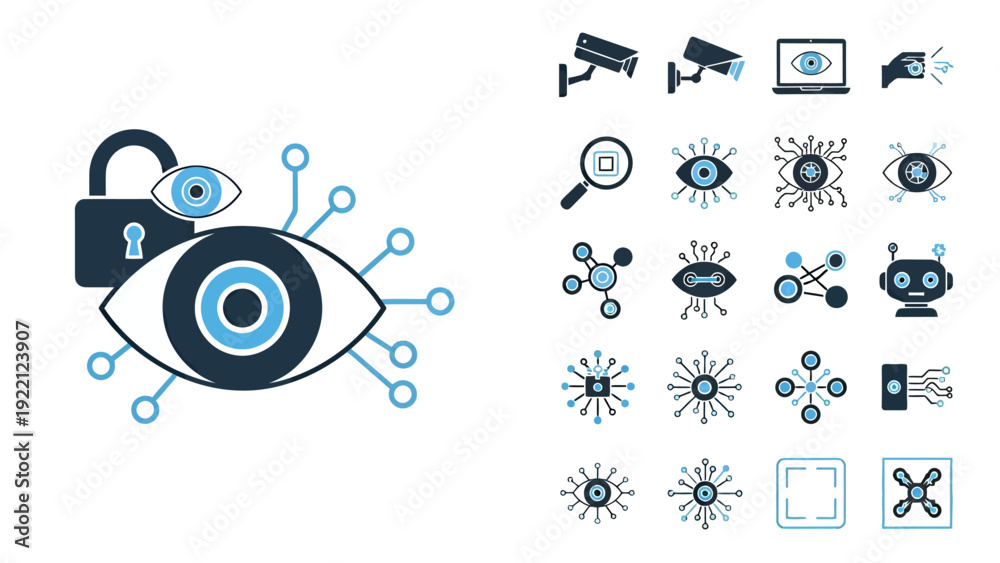 Fototapeta premium Stylized digital eye with circuits representing surveillance and technology concepts.