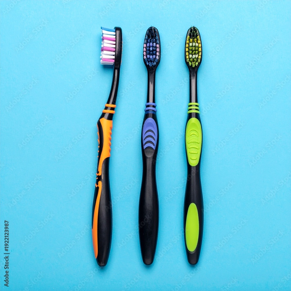 custom made wallpaper toronto digitalThree colorful toothbrushes arranged on a vibrant blue background, dental hygiene concept.