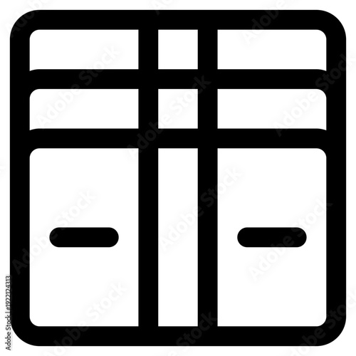 Outline icon of a modern cabinet featuring two doors and two distinct upper storage sections. Ideal for digital interface designs.