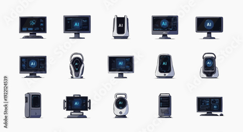 AI Technology Icons: Computers, Monitors, Servers