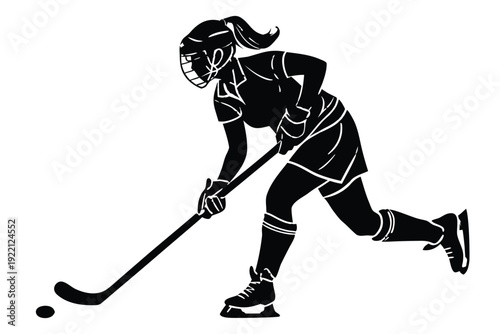 Black and white silhouette of female hockey player hitting puck with stick in action pose