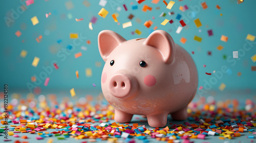 a piggy bank with confetti falling from it
