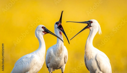 Wallpaper Mural Three White Spoonbills with Open Beaks Against a Bright Yellow Background. Torontodigital.ca