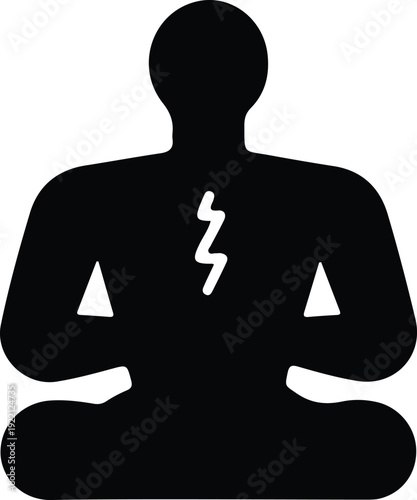 Meditation Pose with Energy Symbol Icon, Minimalist black silhouette of a person meditating in lotus position with lightning bolt on chest, symbolizing energy, stress, or heart health concept.