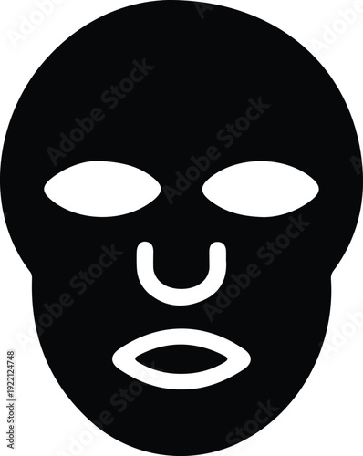 Black Ski Mask Icon Illustration, Minimalist black balaclava mask icon with eye and mouth openings, representing disguise, anonymity, crime concept, or costume design.