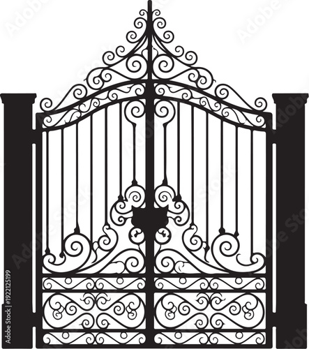 Ornate iron gate, wrought iron fence, black metal gate, decorative entrance
