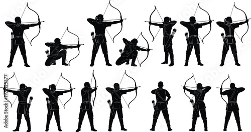 Detailed black silhouette collection of medieval archers aiming bows and arrows in various standing and kneeling poses isolated on white background for historical war design