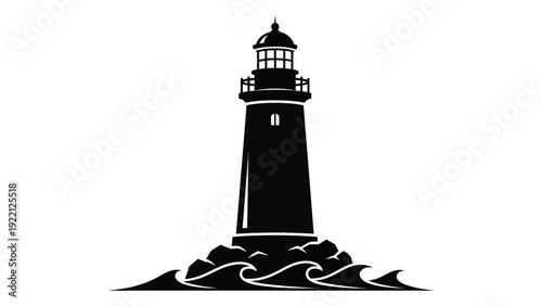 A black silhouette of a lighthouse on a rocky coastline isolated on white background, Vector