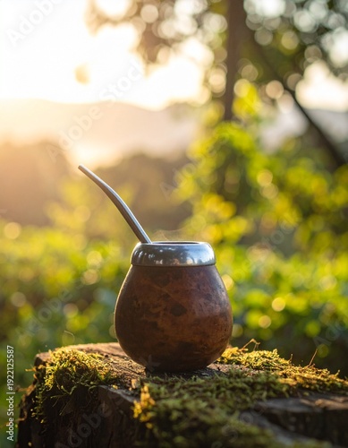 Wallpaper Mural Traditional Yerba Mate Gourd with Bombilla on a Mossy Stump in Natures Embrace. Torontodigital.ca