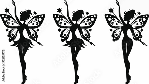 Elegant fairy silhouettes with butterfly wings in various poses
