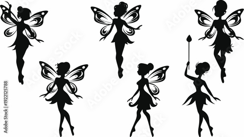 Silhouette of six fairies in various poses with elegant wings