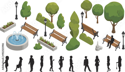 Isometric city park elements set with trees benches fountain street lamps and people silhouettes urban 3D vector illustration