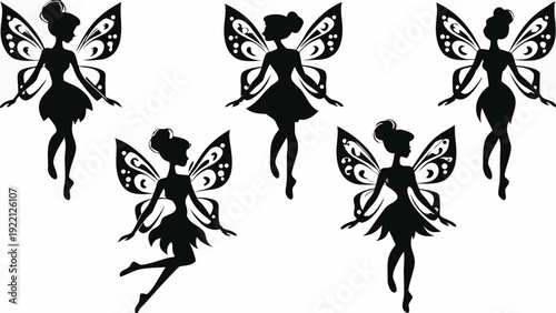 Set of elegant fairies in various poses with intricate wing designs