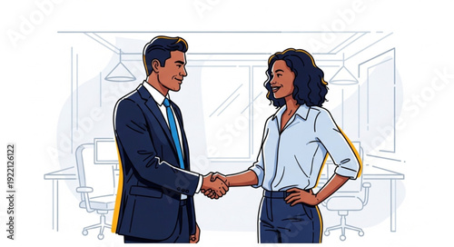 Business partners shaking hands in a modern office meeting room illustration.
