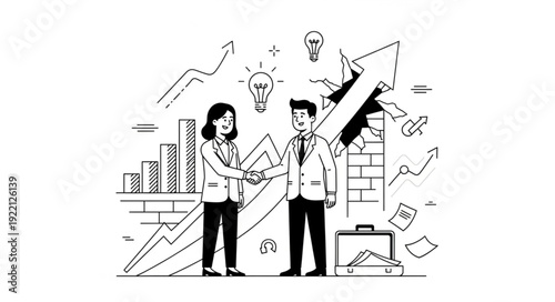 Business partners shaking hands with growth charts and lightbulbs.
