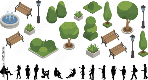Isometric urban park elements collection with trees benches fountain street lamps bushes and people silhouettes 3D vector illustration