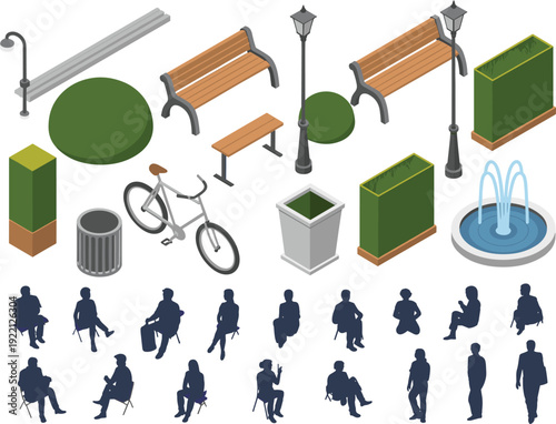 Isometric urban park elements set with benches fountain bicycle street lamps planters and people silhouettes 3D vector illustration