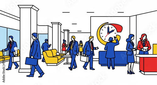 Business people in office lobby with clock illustration.