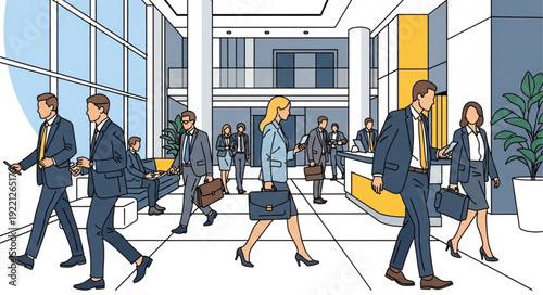 Business people walking through modern office lobby illustration.