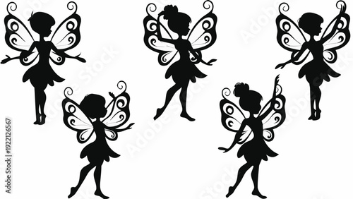 Silhouette fairies dancing in various poses with elegant wings
