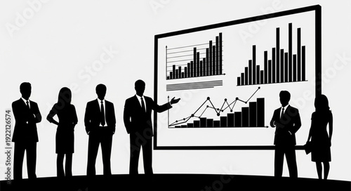 Business professionals presenting financial data on a large screen.