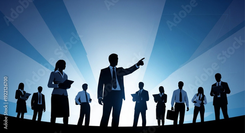 Business team silhouette with leader pointing forward.