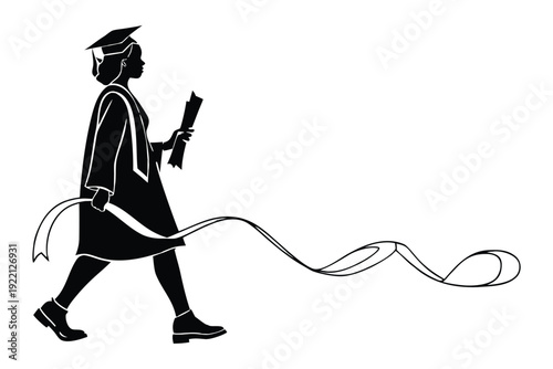 Black silhouette of a graduate in cap and gown holding a diploma with a loose cord trailing behind graduation