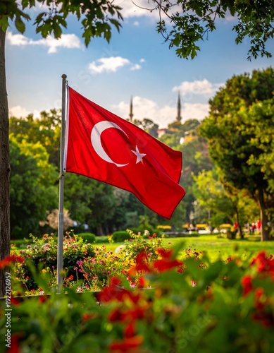 Wallpaper Mural Turkish Flag Waving Proudly in a Picturesque Garden with Lush Greenery and a Clear Blue Sky. Torontodigital.ca
